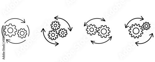 Four sets of interlocking gears with curved arrows indicating rotation and movement in a mechanical system