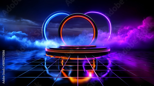 Présentoir publicitaire futuriste avec podium sur sol noir brillant. Anneaux néons lumineux, atmosphère sombre et mélancolique avec brouillard bleu foncé et violet