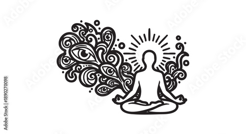 Serene person meditating surrounded by intricate floral patterns and radiant sunlight illustration