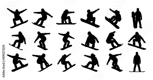 Snowboarder black silhouette set performing various tricks