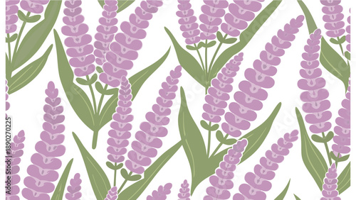 Vibrant purple lilac flowers with green leaves on white background floral pattern design