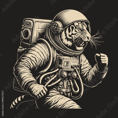 Tiger Astronaut Running with Determination in Space Suit.