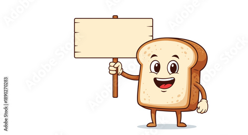 Funny cartoon bread slice character holding up a blank wooden sign board with a big smile isolated on a white background.