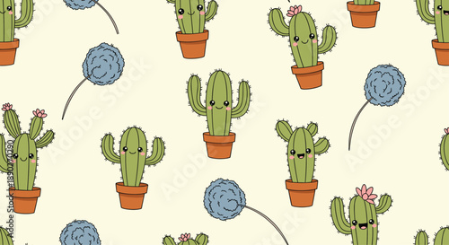 Adorable cactus seamless pattern featuring various cute cacti in pots and small blue flowers on a light cream background.