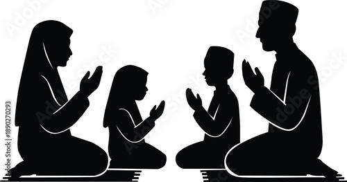 Muslim family praying together in a silhouette illustration
