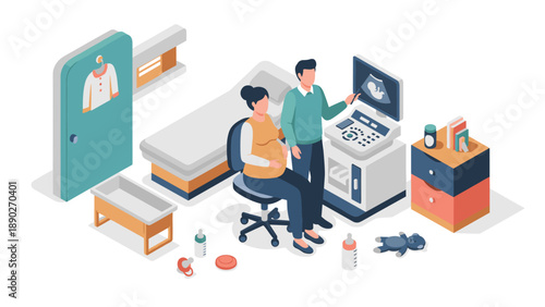 Isometric doctor visit with ultrasound for pregnant woman in clinic room