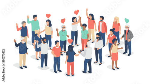 Diverse group of people engaging in social interaction in isometric style