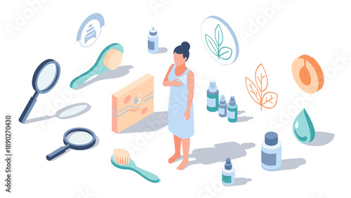 Isometric skincare routine concept with woman and beauty products