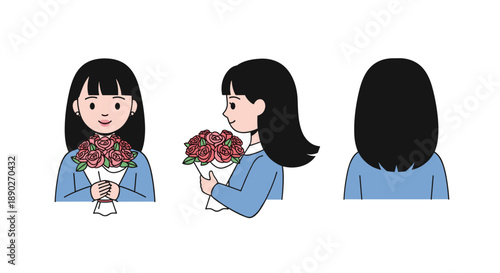 Young woman with dark hair shown from the front side and back holding a bouquet of pink roses wearing a blue jacket and white shirt with a gentle smile perfect for concep, Generative AI.