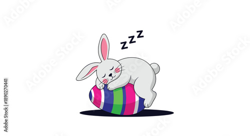 Sweet little bunny sleeping peacefully on top of a large colorful striped easter egg with zzz symbols nearby.
