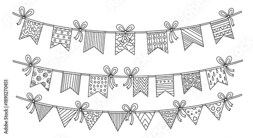Hand drawn black and white bunting flags hanging on strings with decorative patterns for coloring book pages.