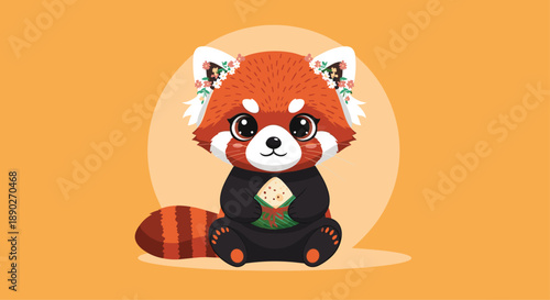 Adorable red panda character wearing a floral crown and holding a traditional zongzi dumpling in its paws.