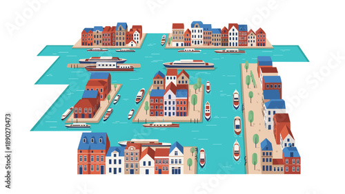 Isometric canal town with boats and colorful buildings on water