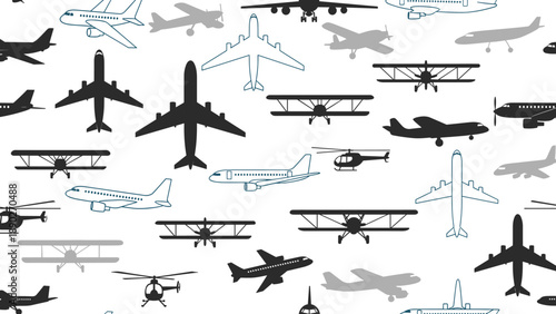 Seamless pattern featuring various aircraft silhouettes in black and white