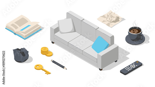 Isometric home essentials with sofa, coffee, and office supplies on white background