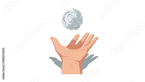 Hand tossing crumpled paper ball with shadow on white background