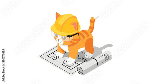 Adorable kitten builder in hard hat with house plan