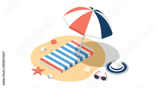 Colorful beach scene with umbrella and towel in isometric style