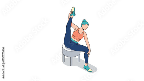 Woman practicing yoga pose on chair in modern isometric style