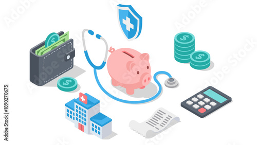 Isometric health savings: piggy bank, stethoscope, and medical expenses concept