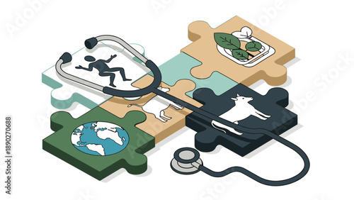 Stethoscope puzzle: health and environment connection in isometric art