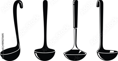 Black silhouette soup ladle collection showing kitchen utensil shapes, cooking tools and serving spoon designs isolated on white for culinary, restaurant, and food branding use