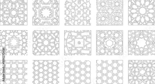 Set of vintage geometric and floral vector seamless patterns featuring elegant textile textures and retro ornament illustrations for decorative wallpaper art and fabric design backdrops