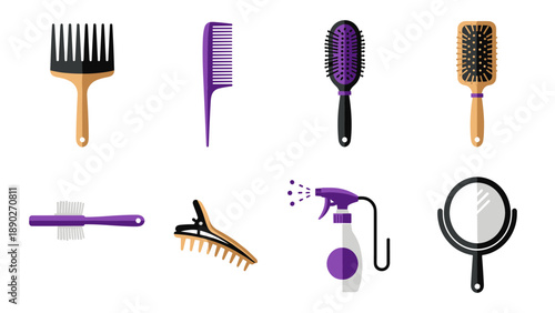 Colorful hair tools collection featuring brushes, combs, and accessories in flat design