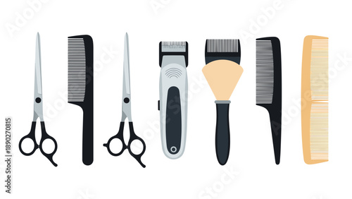 Barber tools set: scissors, combs, clippers, and brushes for hair styling