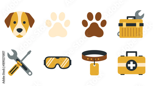 Pet care icons set featuring tools, dog face, and paw prints in flat design