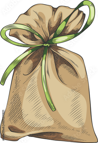 Sachet bag sketch, vector hand drawn essential herb, cushion package medicinal aroma plant, organic tea drink products