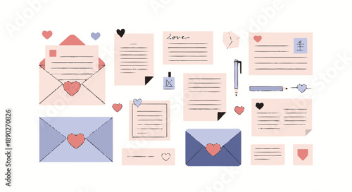 Collection of love letters and envelopes with hearts.