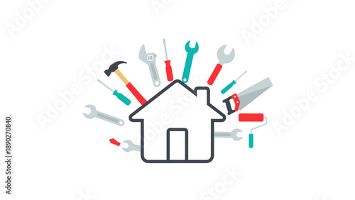 Home repair and maintenance tools surrounding house icon
