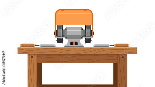 Electric bench grinder on wooden workbench with carpentry tools