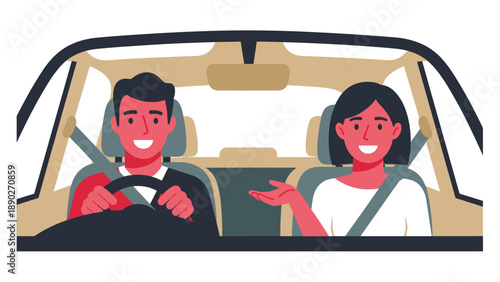 Smiling couple driving car together with safety belts in modern flat design style