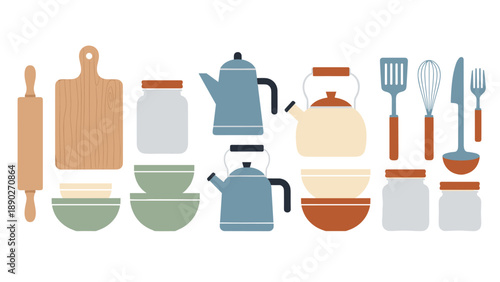 Minimalist kitchenware set with flat design elements for culinary themes
