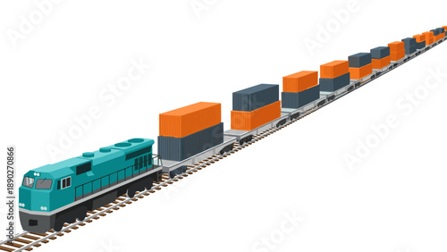 Freight train with cargo containers on railway tracks in isometric style