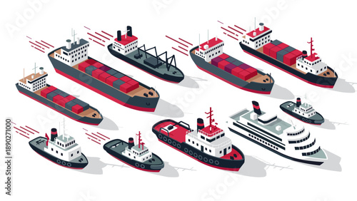 Isometric cargo and passenger ships collection: maritime transport variety