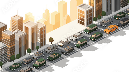 Busy city street in isometric style with high-rise buildings and traffic
