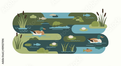 Illustration of a pond ecosystem with aquatic life and plants.