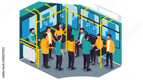Busy commuters inside modern public transport, isometric style