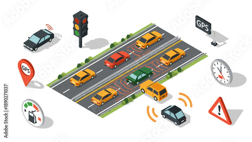 Smart traffic system isometric design with gps, automated cars, and road sensor technology