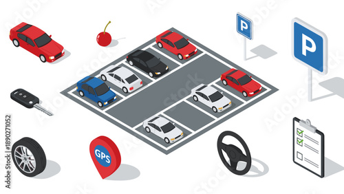 Isometric parking lot with cars, signs and accessories on white background