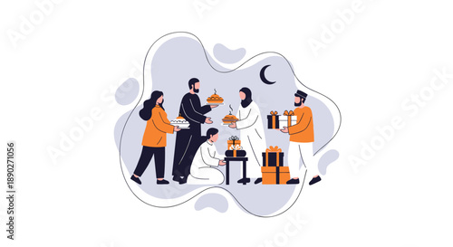 A diverse group of people sharing food and gifts with a crescent moon and decorative shapes in the background signifying generosity community sharing and festive celebration, Generative AI.