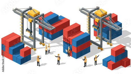 Shipping logistics and transportation concept with isometric cargo containers and cranes