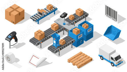 Isometric package distribution with conveyor belts and logistics elements