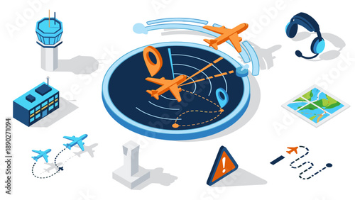 Isometric airline navigation elements with airplanes and control tower