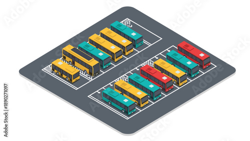 Isometric fleet of colorful buses in parking lot top view