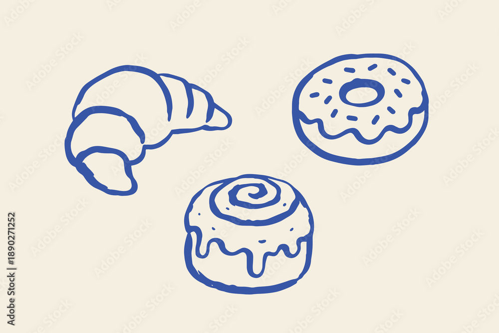 Fototapeta premium Croissant donut and bun doodle line art vector illustration