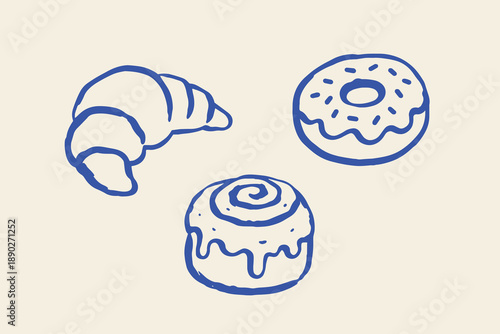 Croissant donut and bun doodle line art vector illustration